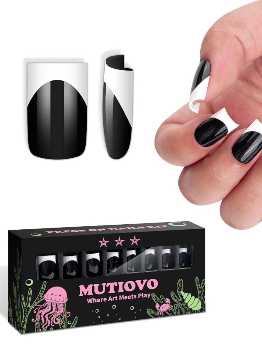 π€New Halloween Black & White French Tip Press On Nails Kit Short Square 30pcπ€